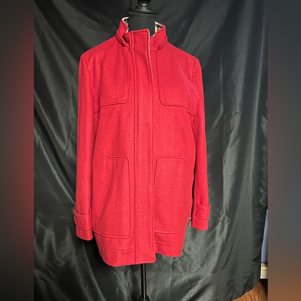 Tommy‎ Hilfiger Red Wool Blend Coat Jacket Plaid Trim Women's Sz XL